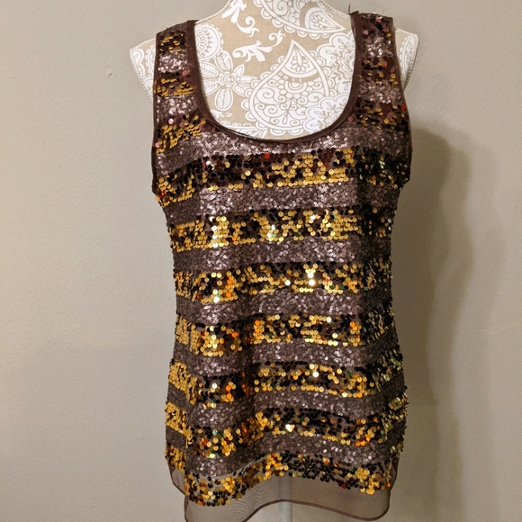 NWT Elie Tahari Bronze Brown Sequin Kiki Tank Top Sz L - Picture 1 of 4